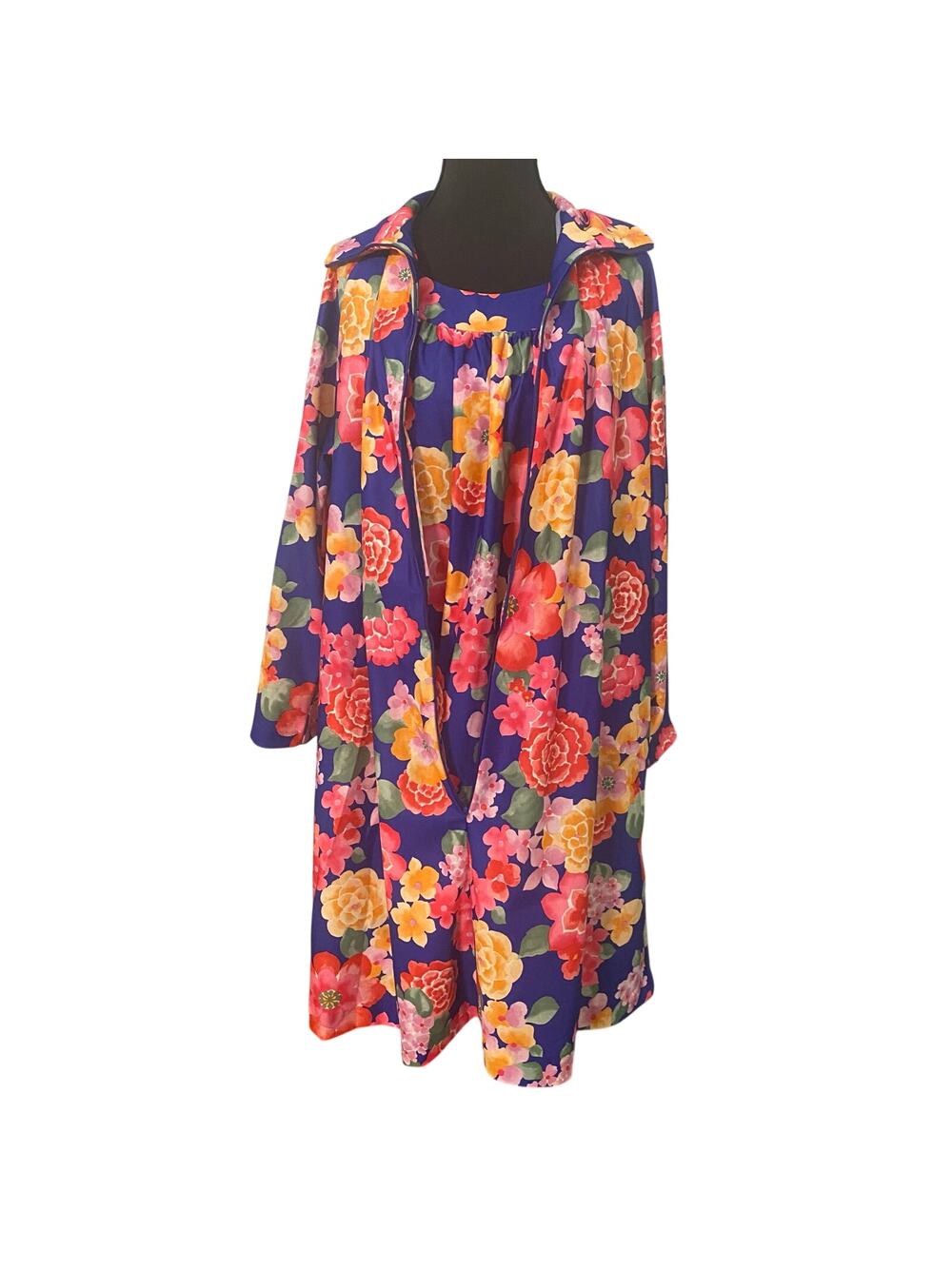 Vintage Travel-Lite Matching Floral Robe Nightgown Set USA Made Large Loungewear
